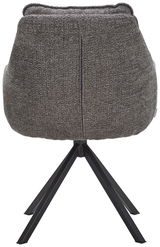 Rückansicht eines grauen Armlehnstuhls mit schwarzem Metallgestell