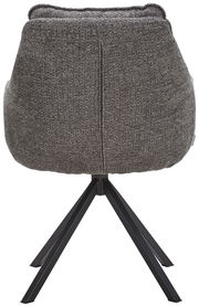 Rückansicht eines grauen Armlehnstuhls mit schwarzem Metallgestell