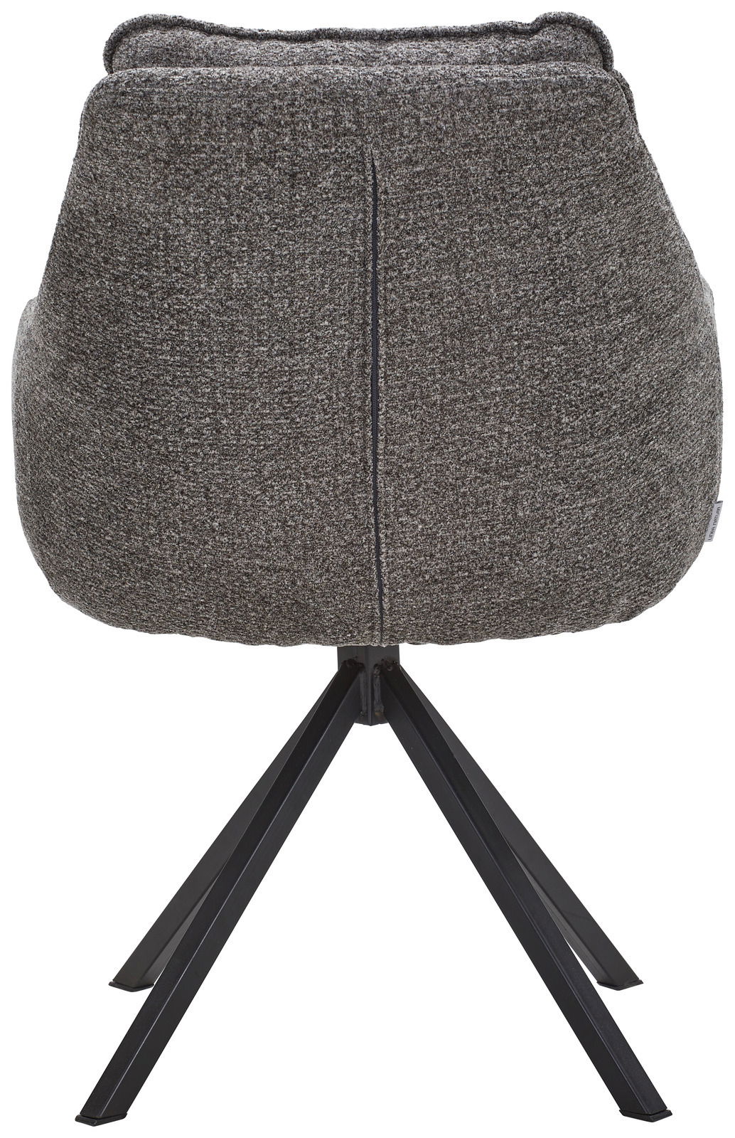 Rückansicht eines grauen Armlehnstuhls mit schwarzem Metallgestell