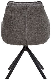 Rückansicht eines grauen Armlehnstuhls mit schwarzem Metallgestell