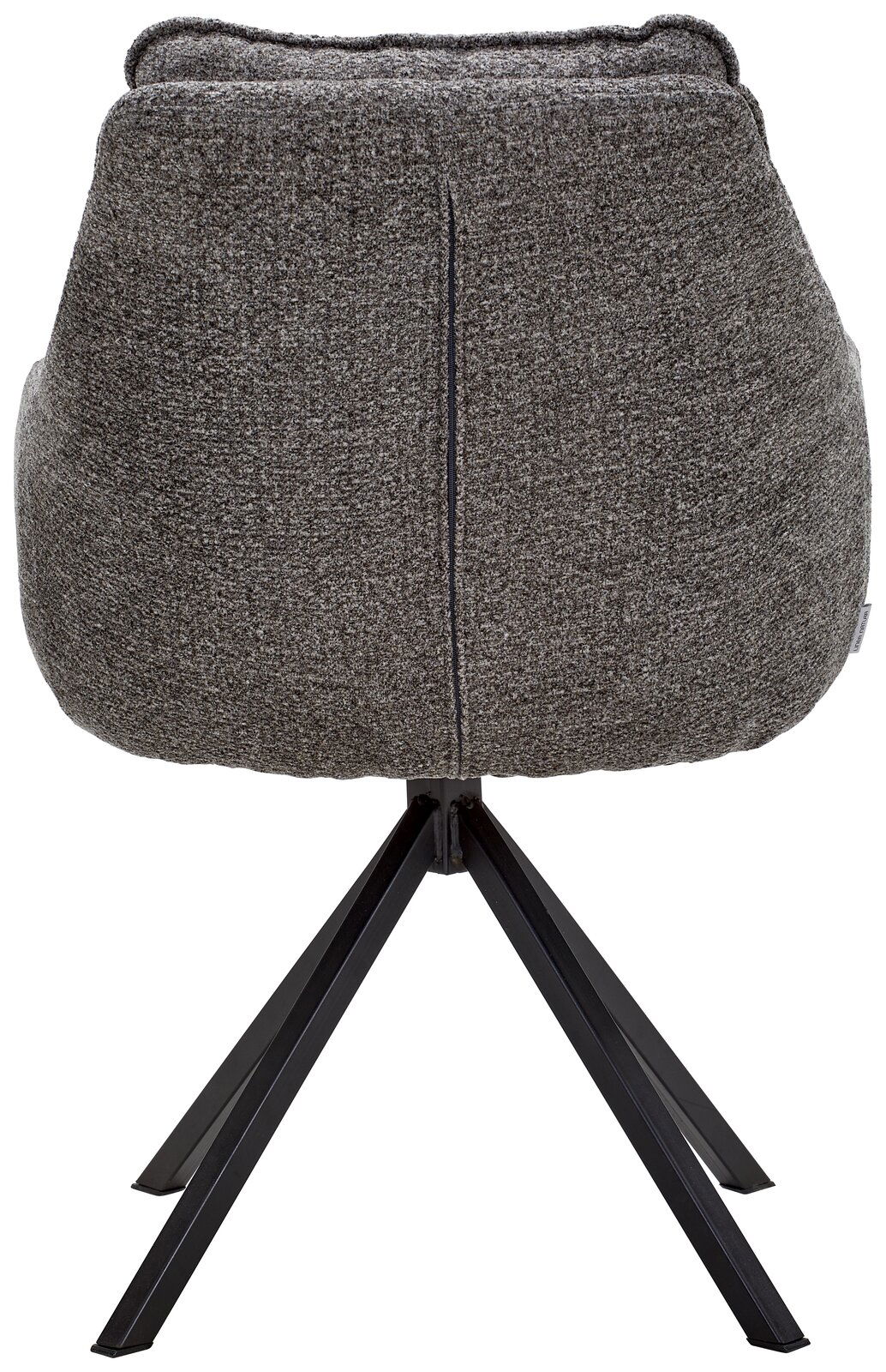 Rückansicht eines grauen Armlehnstuhls mit schwarzem Metallgestell