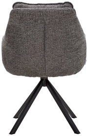 Rückansicht eines grauen Armlehnstuhls mit schwarzem Metallgestell