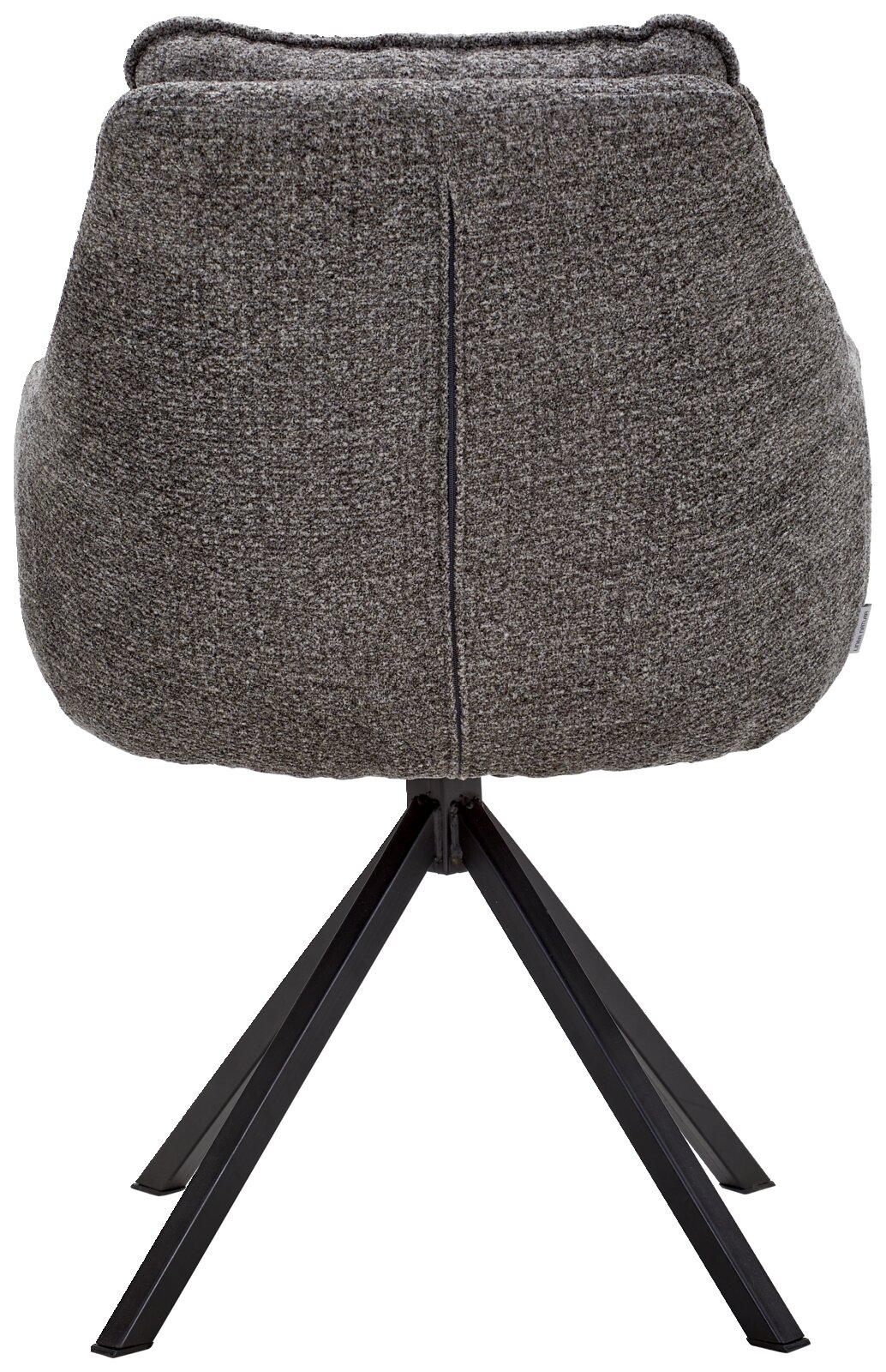 Achterkant van een grijze fauteuil met een zwart metalen frame