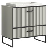 Moderner Waschtisch mit Waschbecken, Frontansicht, mit vertikalen Streifen und schwarzen Griffen.