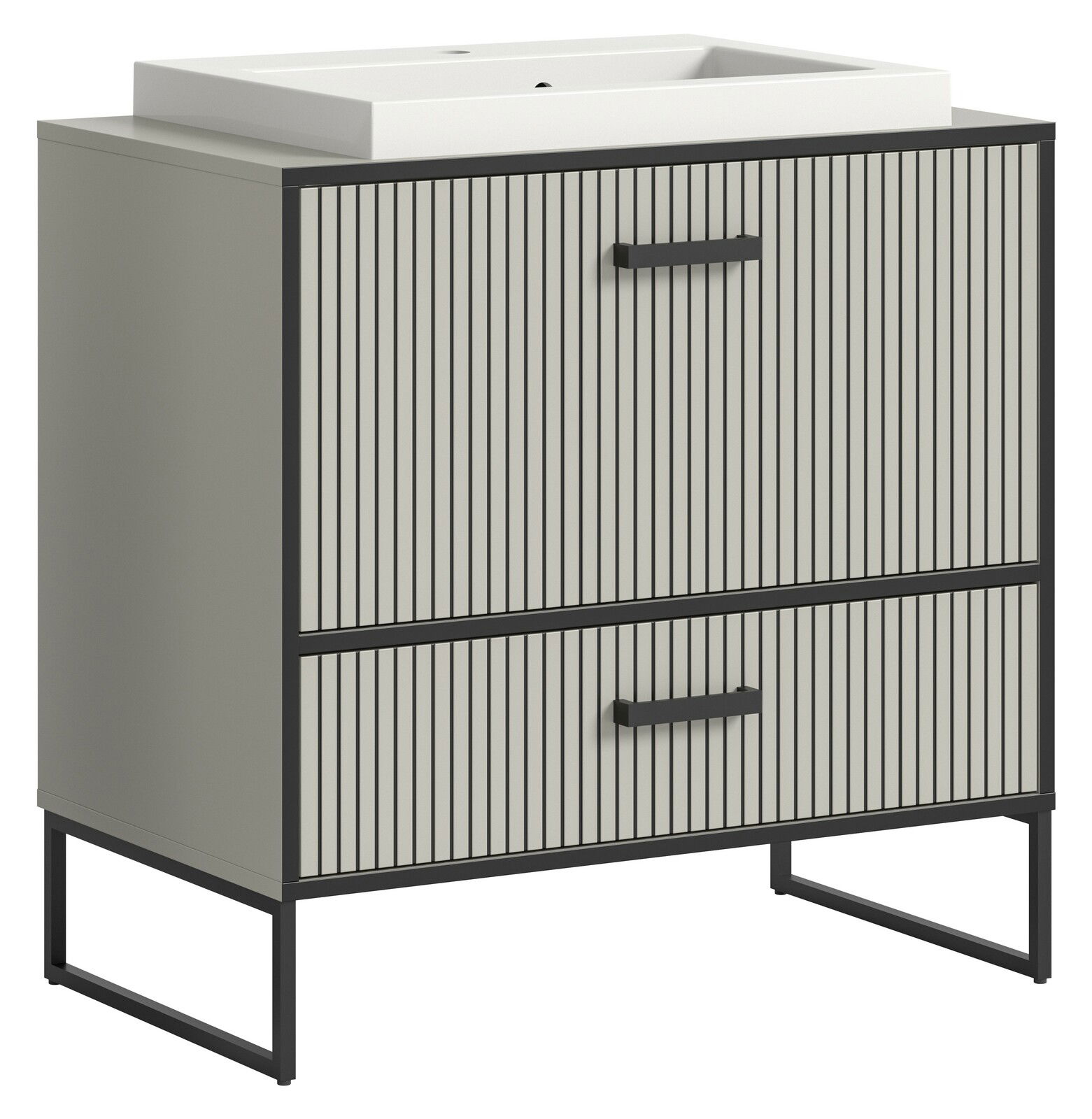 MID.YOU Waschtisch inkl. Waschbecken BAGNO Moderner Waschtisch mit Waschbecken, Frontansicht, mit vertikalen Streifen und schwarzen Griffen.