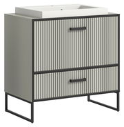 Moderner Waschtisch mit Waschbecken, Frontansicht, mit vertikalen Streifen und schwarzen Griffen.