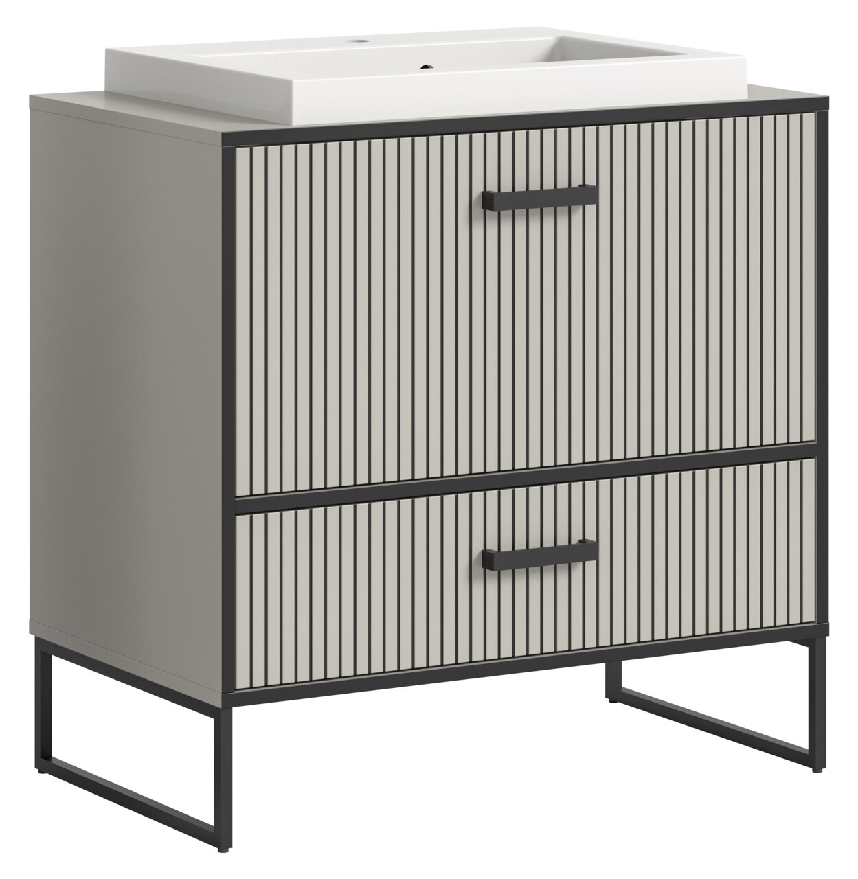 MID.YOU Waschtisch inkl. Waschbecken BAGNO Moderner Waschtisch mit Waschbecken, Frontansicht, mit vertikalen Streifen und schwarzen Griffen.