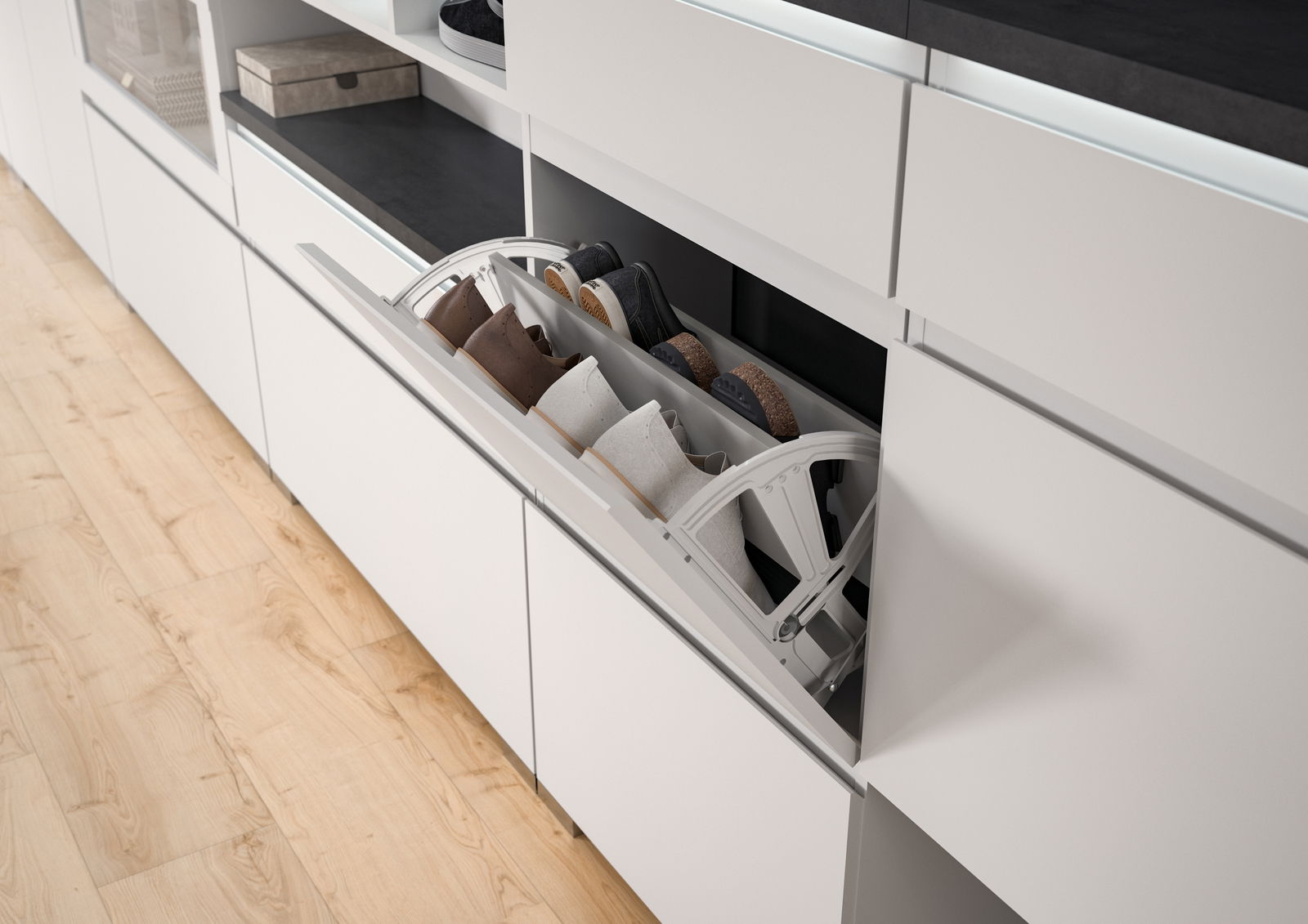 Moderner weißer Schuhschrank mit ausziehbarem Schuhregal, seitliche Perspektive