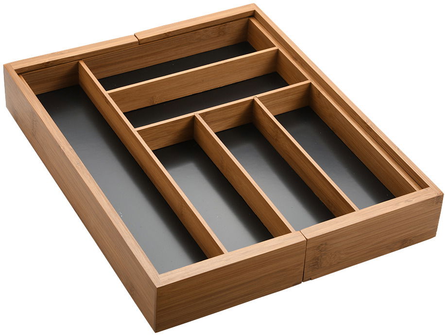 Variabler Besteckkasten aus Holz in dunkler Farbe, von oben betrachtet