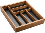 Variabler Besteckkasten aus Holz in dunkler Farbe, von oben betrachtet