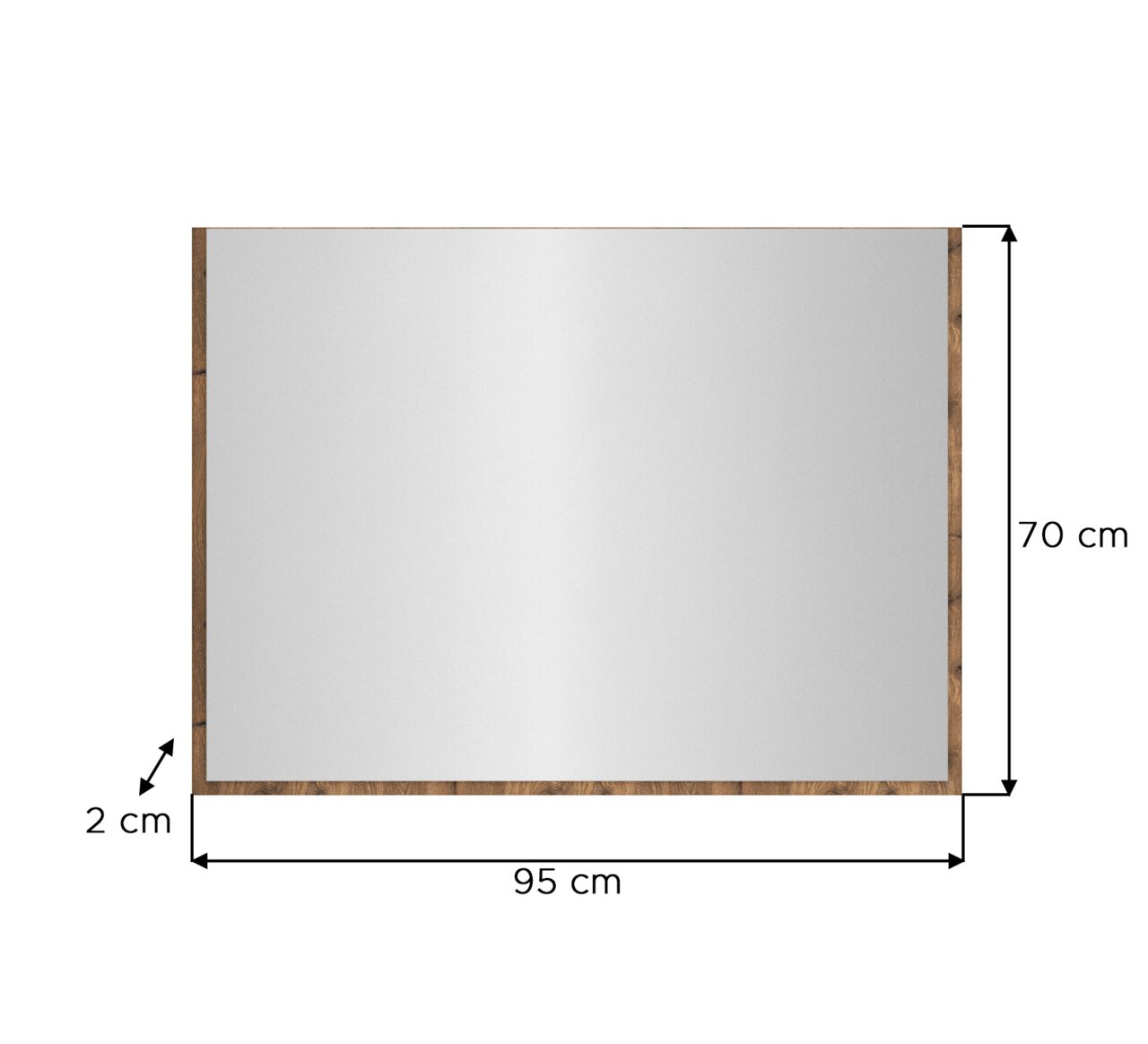 Rechteckiger Wandspiegel mit braunem Holzrahmen, Frontansicht; Maße ca. 95 x 70 cm, Rahmenbreite ca. 2 cm.