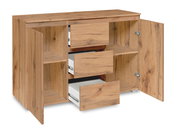 Kommode aus Holz mit geöffneter Perspektive, zeigt Schubladen und Türen