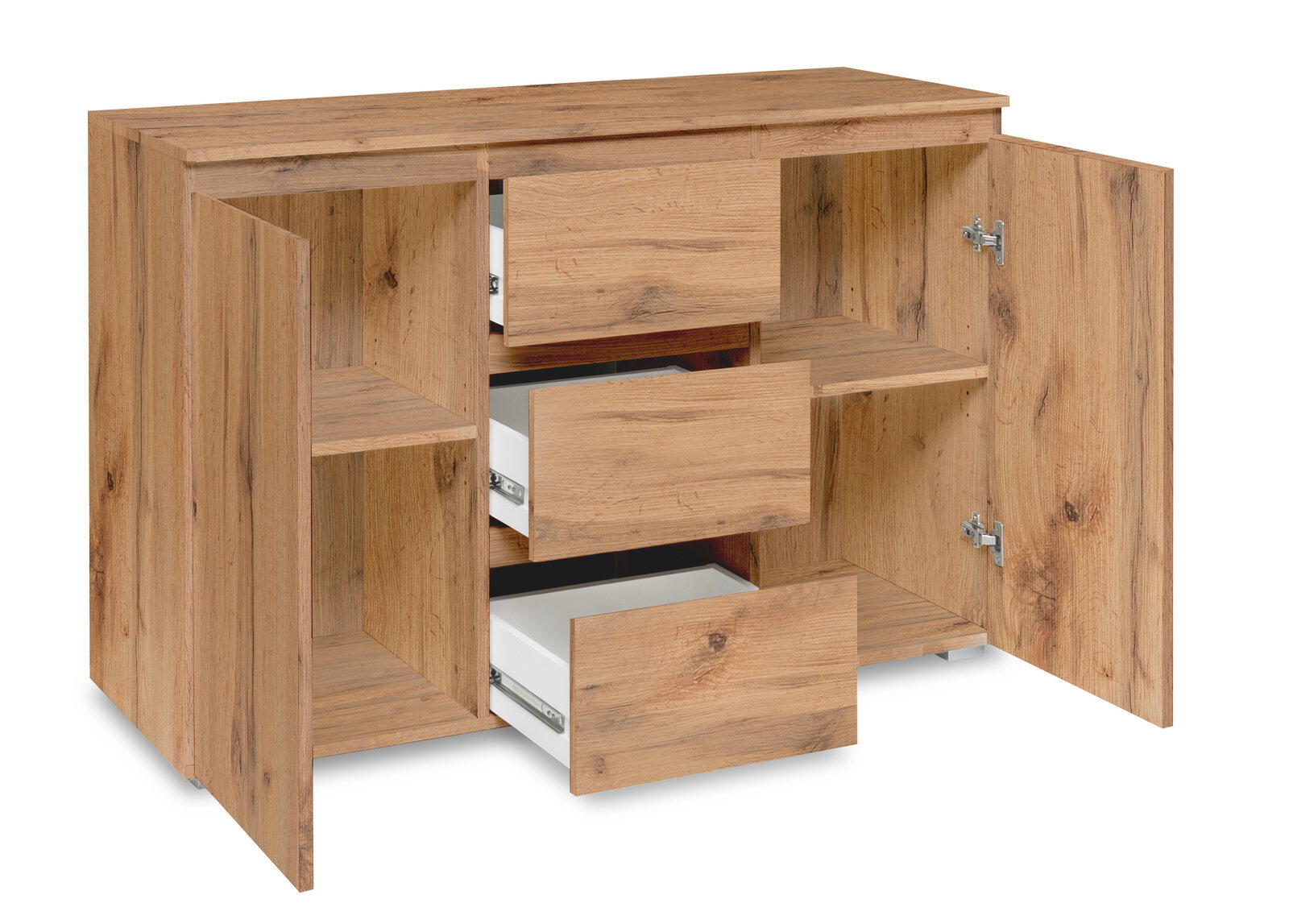 Kommode aus Holz mit geöffneter Perspektive, zeigt Schubladen und Türen