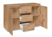Kommode aus Holz mit geöffneter Perspektive, zeigt Schubladen und Türen