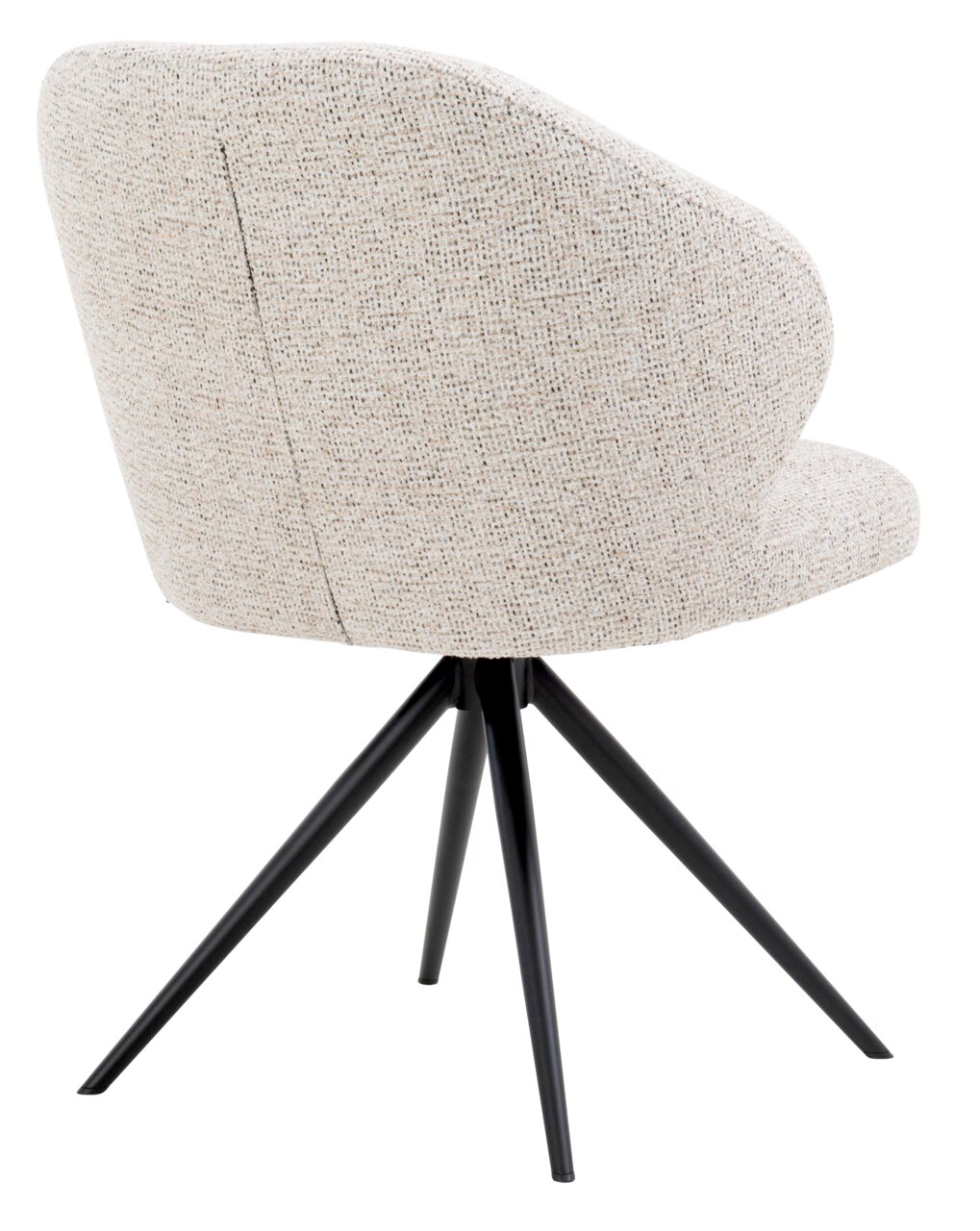 Rückansicht eines Armlehnstuhls mit beigem Stoffbezug und schwarzen Metallbeinen.