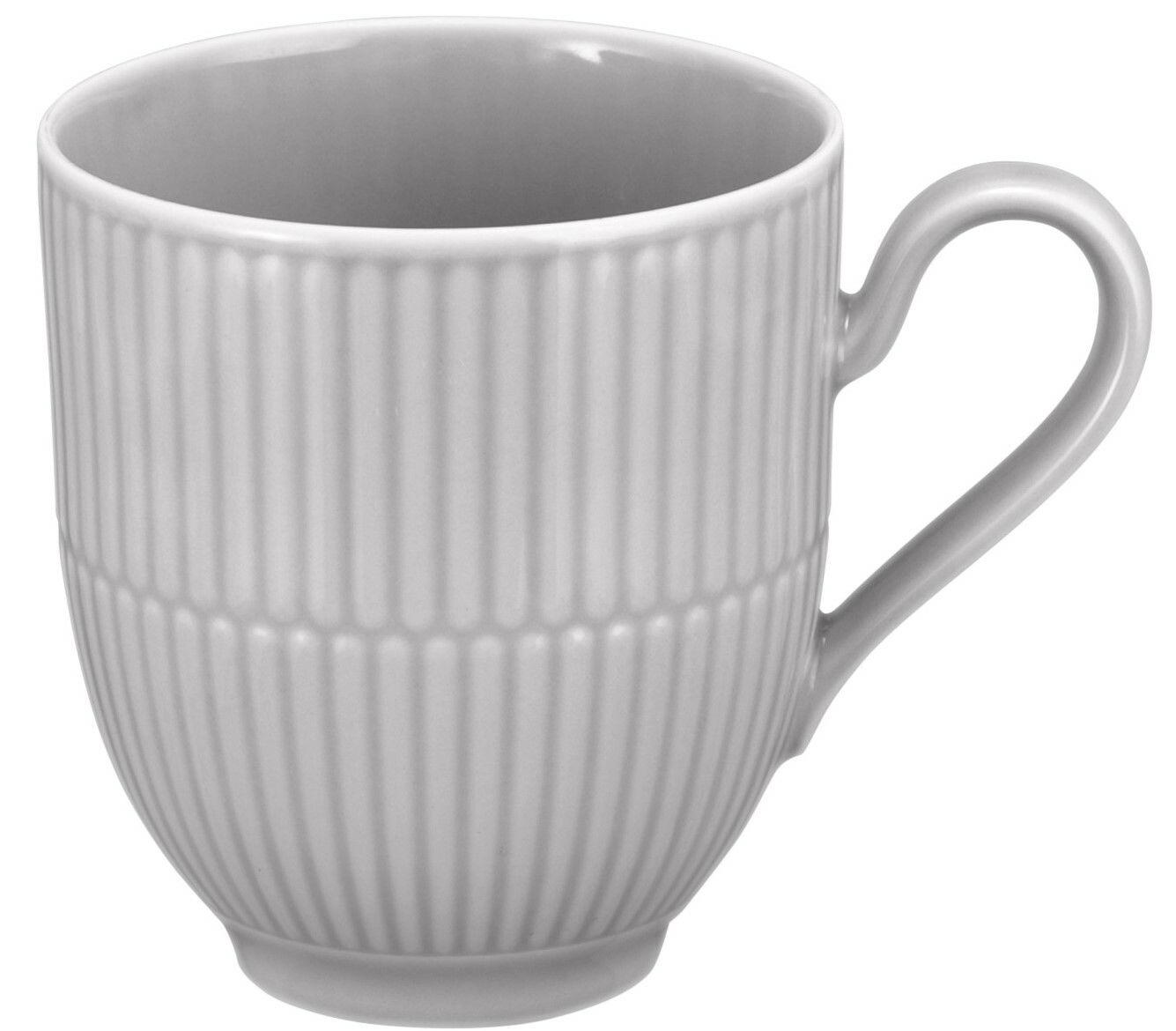 Grauer Becher mit Henkel, geriffelte Oberfläche, seitliche Perspektive