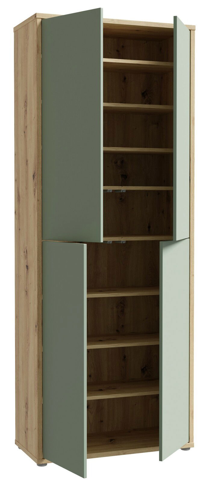 Hoher XL-Schuhschrank mit vier offenen Türen, aus Holz mit grünen Fronten, seitliche Perspektive.