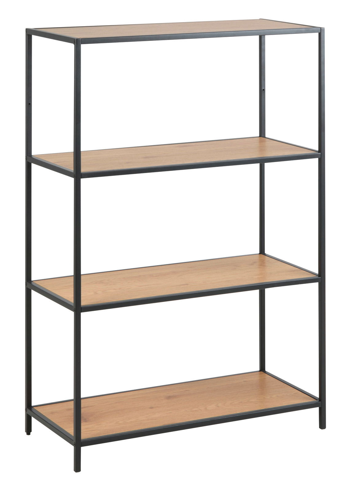 Modernes Bücherregal mit vier Holzregalböden und schwarzem Metallrahmen, seitliche Perspektive