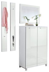 Garderoben-Set bestehend aus einem hohen Schrank mit zwei Türen, zwei Wandpaneelen mit Haken und einem großen Spiegel, frontal abgebildet.