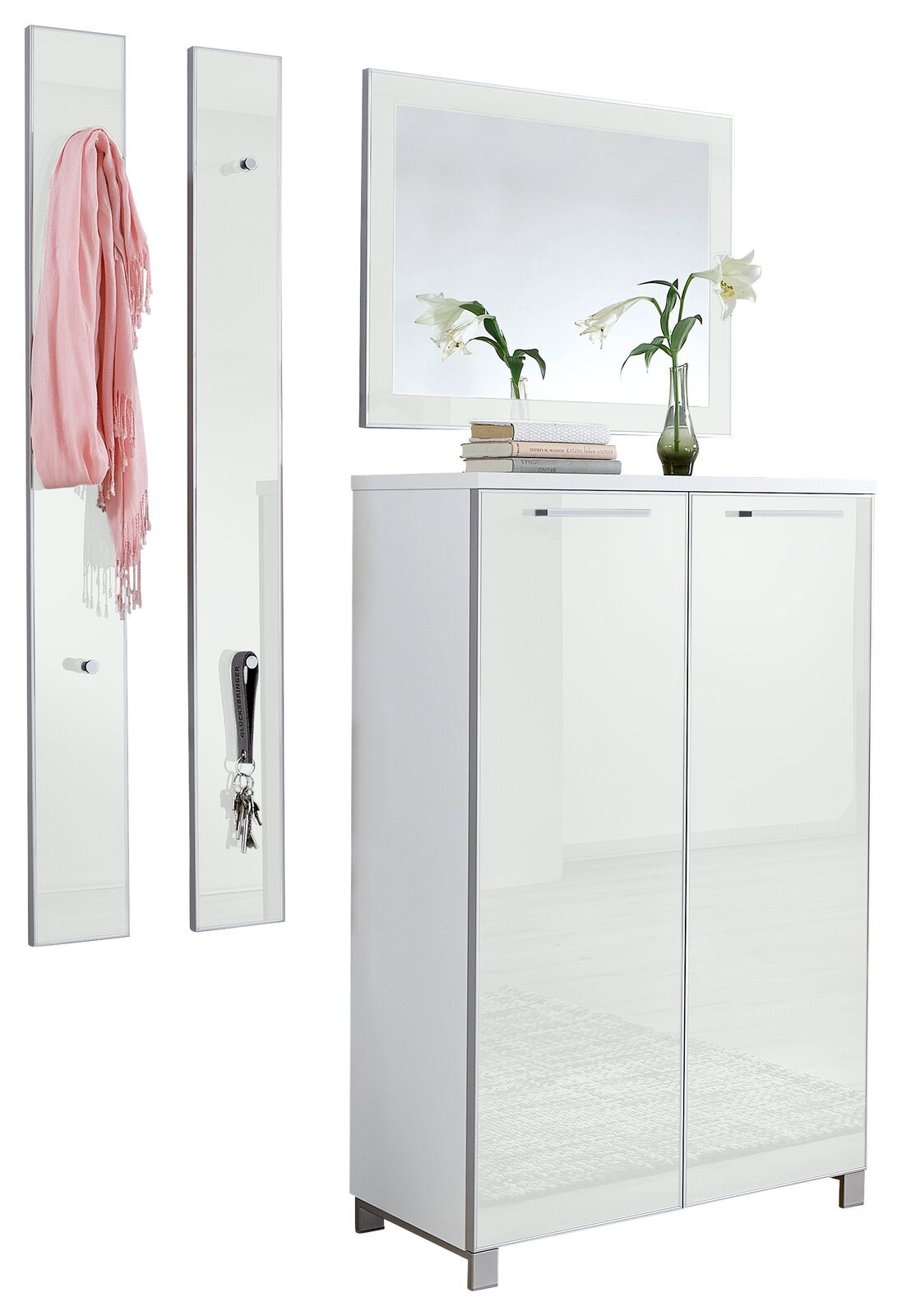 VOSS Garderoben-Set 4-tlg. SANTINA Garderoben-Set bestehend aus einem hohen Schrank mit zwei Türen, zwei Wandpaneelen mit Haken und einem großen Spiegel, frontal abgebildet.