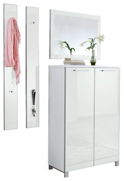 Garderoben-Set bestehend aus einem hohen Schrank mit zwei Türen, zwei Wandpaneelen mit Haken und einem großen Spiegel, frontal abgebildet.