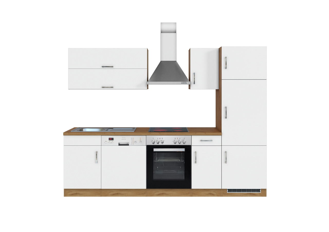 Moderne Küchenzeile in Weiß mit Holzakzenten, bestehend aus Hängeschränken, Herd, Spüle und Dunstabzugshaube, frontal abgebildet.