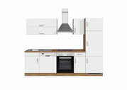 Moderne witte keukenblok met houten accenten, bestaande uit hangkasten, fornuis, spoelbak en afzuigkap, afgebeeld in vooraanzicht.