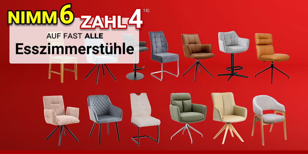 Roter Hintergrund mit zwölf verschiedenen Stühlen und dem Text „NIMM 6, ZAHL 4“.