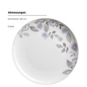 Weißer Speiseteller mit zartem lila Blumen- und grauem Blättermuster am Rand, Durchmesser 26,5 cm, als 6er-Set; Draufsicht von oben auf freigestelltem Hintergrund.
