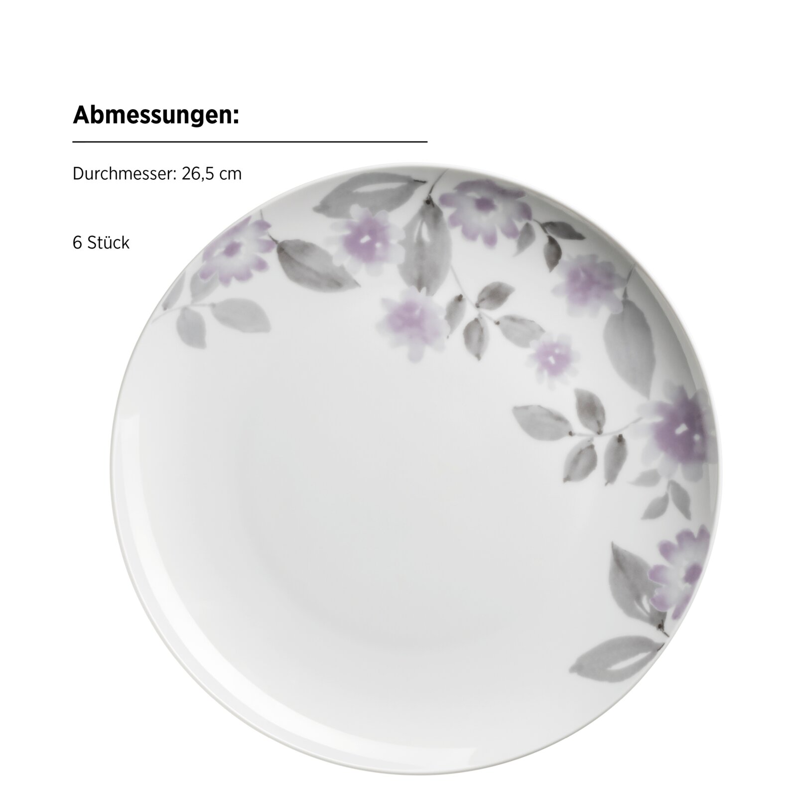 Weißer Speiseteller mit zartem lila Blumen- und grauem Blättermuster am Rand, Durchmesser 26,5 cm, als 6er-Set; Draufsicht von oben auf freigestelltem Hintergrund.