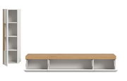 Wohnkombination mit weißem Regal und hölzerner Ablagefläche, seitliche und frontale Perspektive