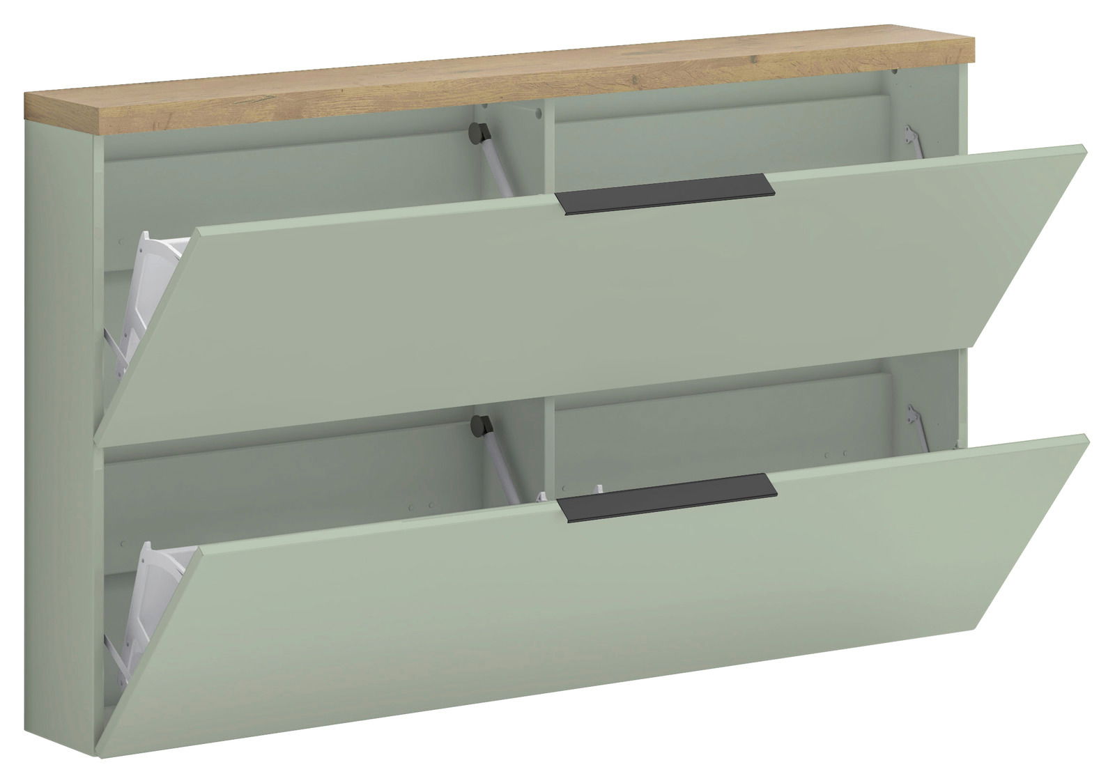 Hängeschuhschrank mit zwei offenen Klappen, Holzoberfläche, seitliche Perspektive