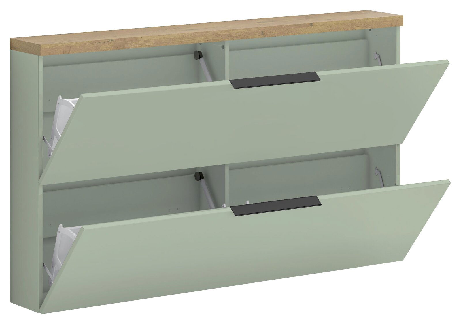 Hängeschuhschrank mit zwei offenen Klappen, Holzoberfläche, seitliche Perspektive