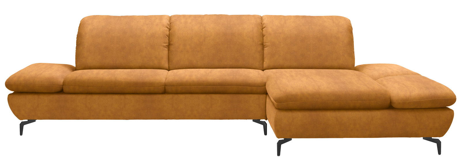 Braune Longchairkombination aus Stoff, frontal betrachtet, mit schwarzen Metallfüßen.