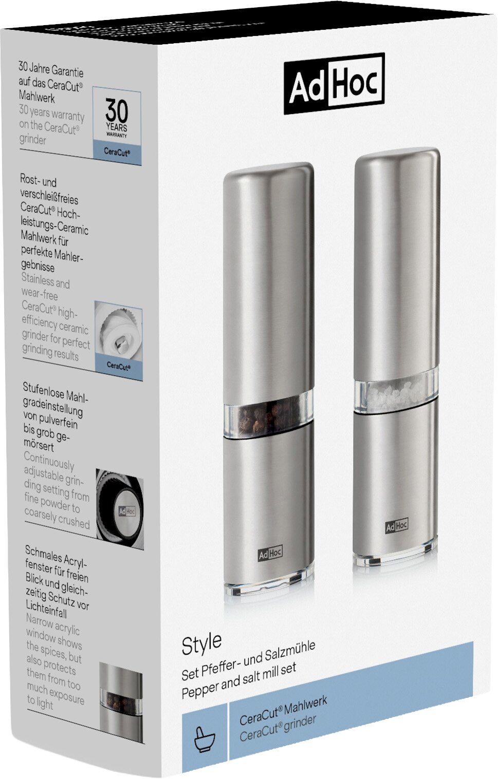 AdHoc Style Set Pfeffer- und Salzmühle mit CeraCut Mahlwerk in Edelstahloptik, Verpackung mit zwei Mühlen in schräger Frontansicht