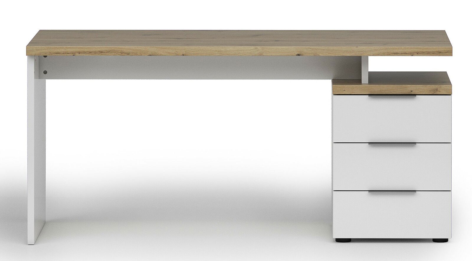 Moderner Schreibtisch mit Holzplatte und weißem Korpus, inklusive drei Schubladen auf der rechten Seite, Frontalansicht.