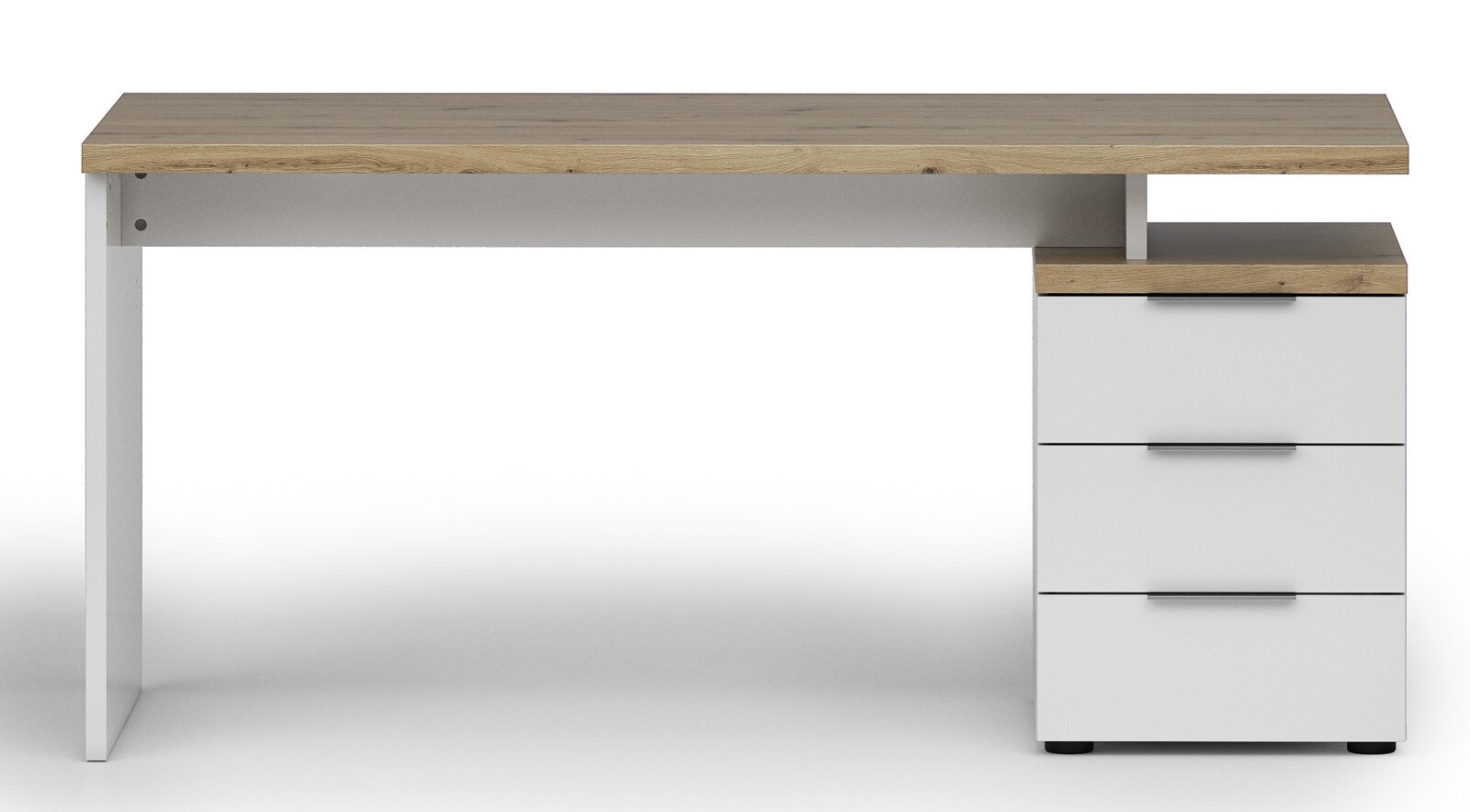 Modern bureau met houten blad en wit frame, inclusief drie lades aan de rechterkant, gezien van voren.
