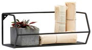 Schwarzes Wandregal aus Metall mit einer Pflanze in einem grauen Topf und zwei Bündeln Papier, seitliche Perspektive