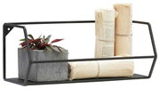 Schwarzes Wandregal aus Metall mit einer Pflanze in einem grauen Topf und zwei Bündeln Papier, seitliche Perspektive