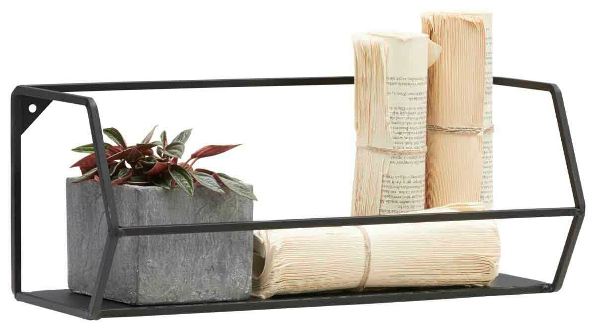 Schwarzes Wandregal aus Metall mit einer Pflanze in einem grauen Topf und zwei Bündeln Papier, seitliche Perspektive