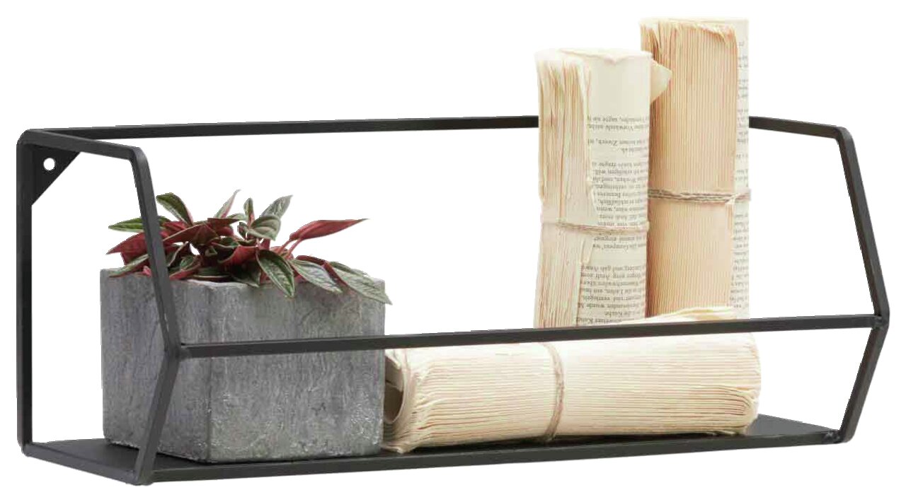 Zwarte metalen wandplank met een plant in een grijze pot en twee stapels papier, zijaanzicht