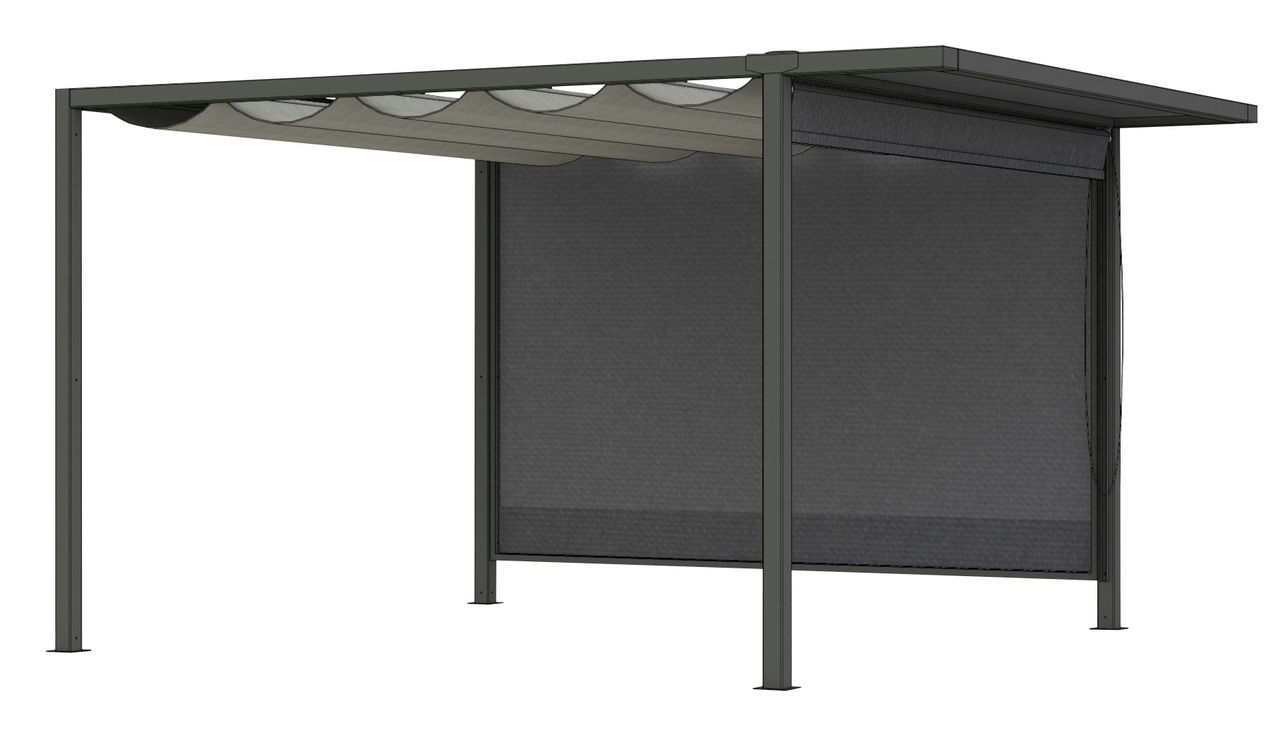 Seitenansicht eines modernen Rollos mit Metallrahmen und dunklem Stoff, geeignet für den Außenbereich.