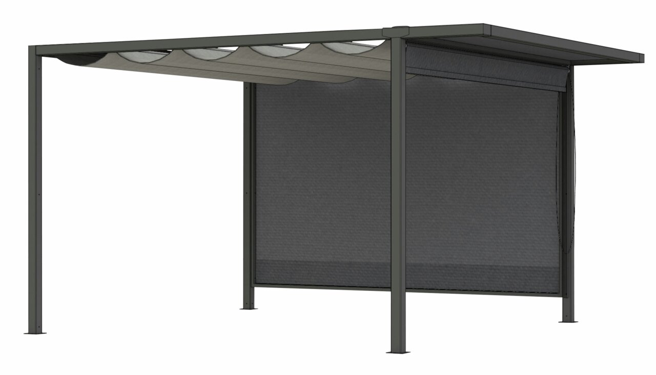 Zijaanzicht van een modern rolgordijn met metalen frame en donkere stof, geschikt voor buitengebruik.