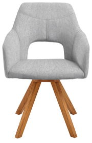 Moderner grauer Sessel mit Holzbeinen, Frontalansicht