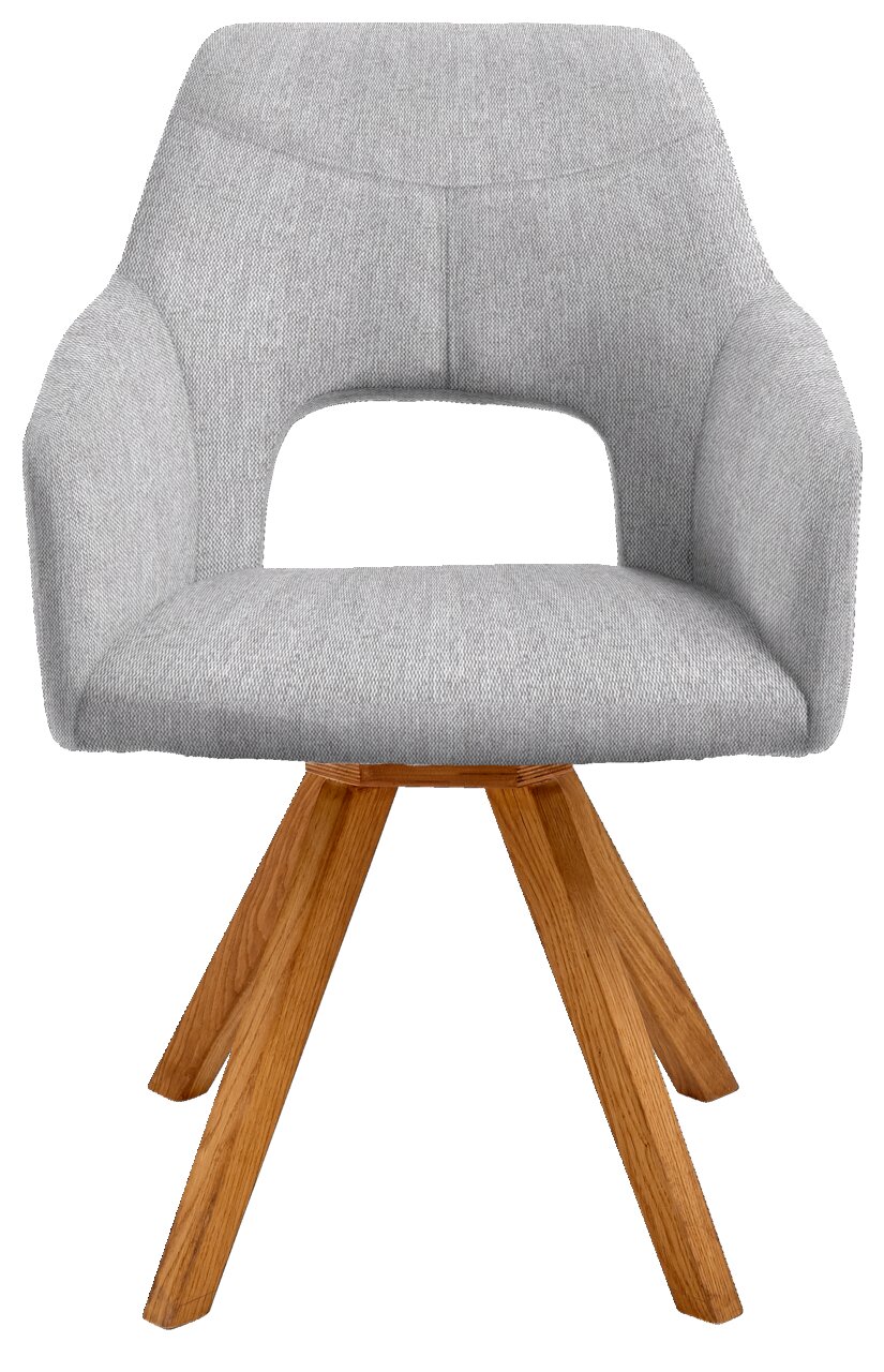 Moderne grijze fauteuil met houten poten, vooraanzicht
