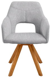 Moderner grauer Sessel mit Holzbeinen, Frontalansicht
