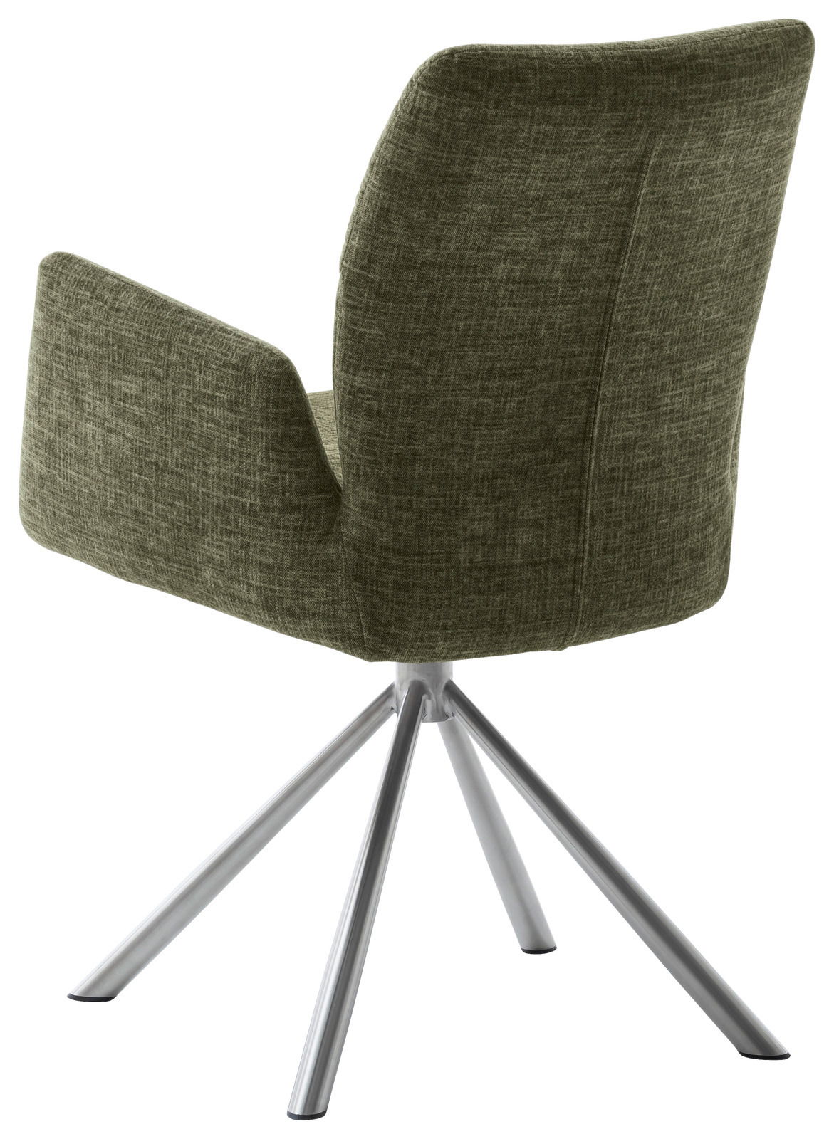 Rückansicht eines grünen Sessels mit Metallbeinen, perspektivisch von hinten aufgenommen.