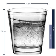 Trinkglas Vario Anthrazit 250ml, seitliche Ansicht, gefüllt mit sprudelndem Wasser, Maße: 83 mm Durchmesser, 90 mm Höhe.