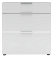 Moderner weißer Schuhschrank mit drei Schubladen, Frontalansicht