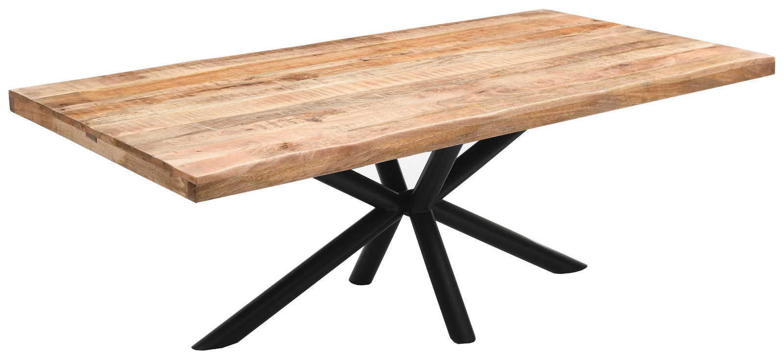 Moderner Esstisch aus Holz mit schwarzem Metallgestell, seitliche Perspektive